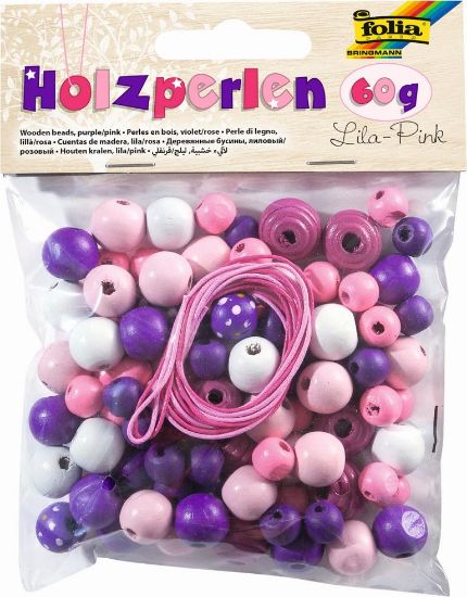 Picture of Holzperlen sort. mit Band - pink/lila