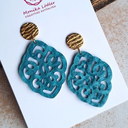 Bild von Ornament-Ohrstecker - Rhombusform aus Resin - blue atoll - Stecker rund goldfarbig