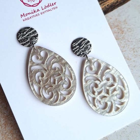 Bild von Ornament-Ohrringe aus Resin tropfenförmig - ash gray green - Stecker Edelstahl rund